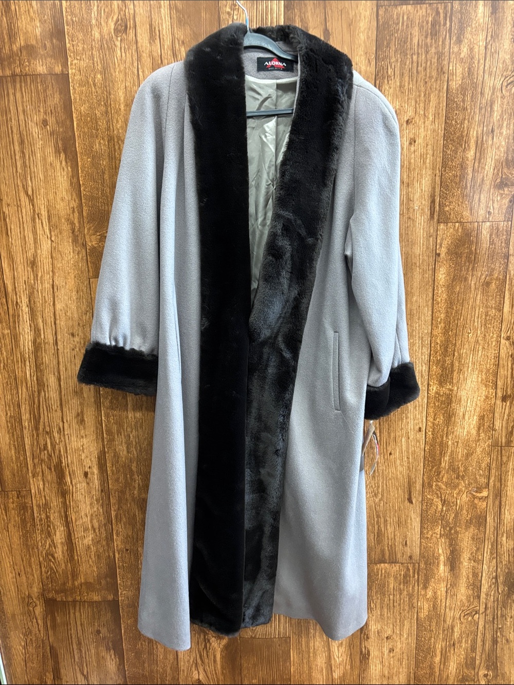 NWT Alorna Gray Trench Coat with Black Faux Fur Trim